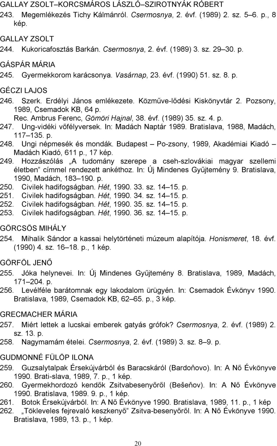 Pozsony, 1989, Csemadok KB, 64 p. Rec. Ambrus Ferenc, Gömöri Hajnal, 38. évf. (1989) 35. sz. 4. p. 247. Ung-vidéki vőfélyversek. In: Madách Naptár 1989. Bratislava, 1988, Madách, 117 135. p. 248.