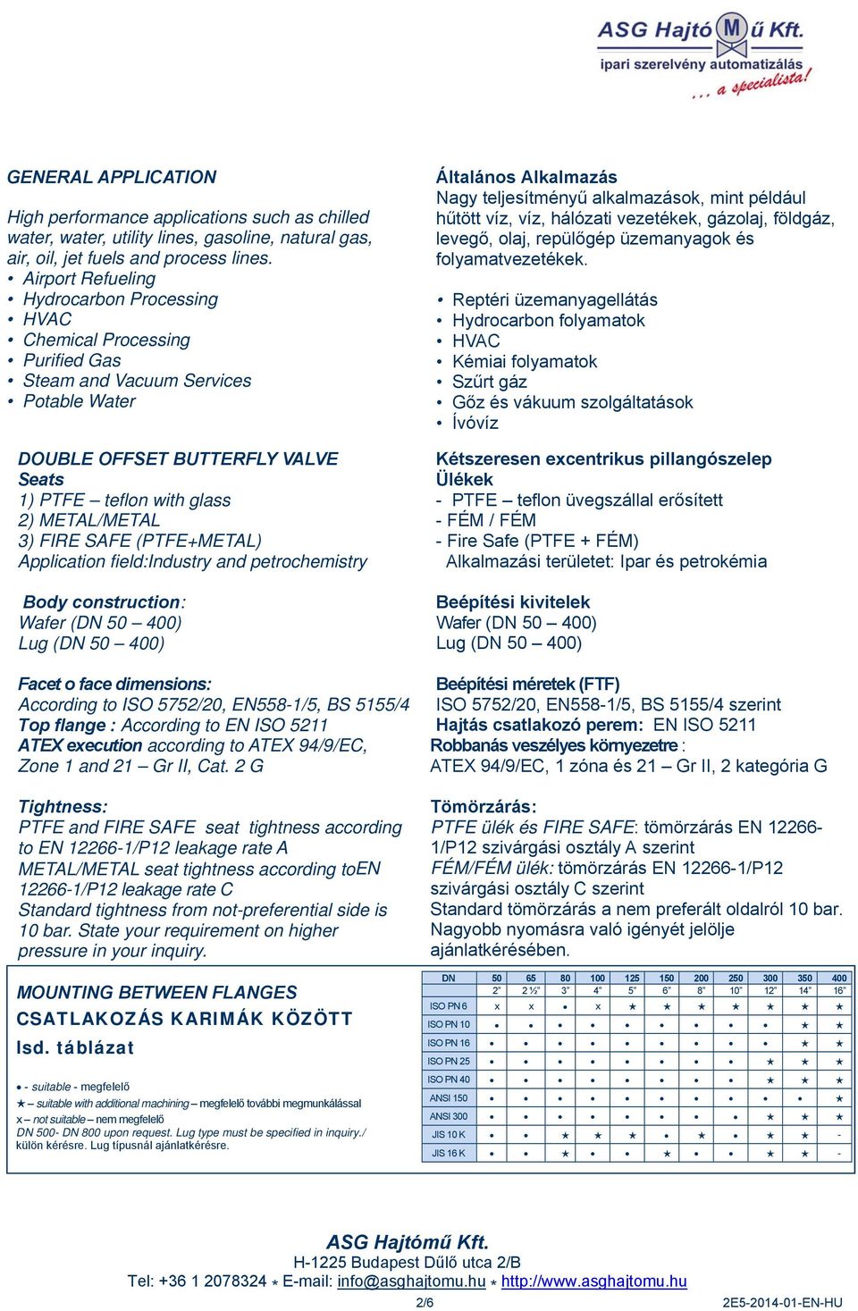 FIRE SAFE (PTFE+METAL) Application field:industry and petrochemistry Body construction: Wafer (DN 50 400) Lug (DN 50 400) Facet o face dimensions: According to ISO 5752/20, EN558-1/5, BS 5155/4 Top