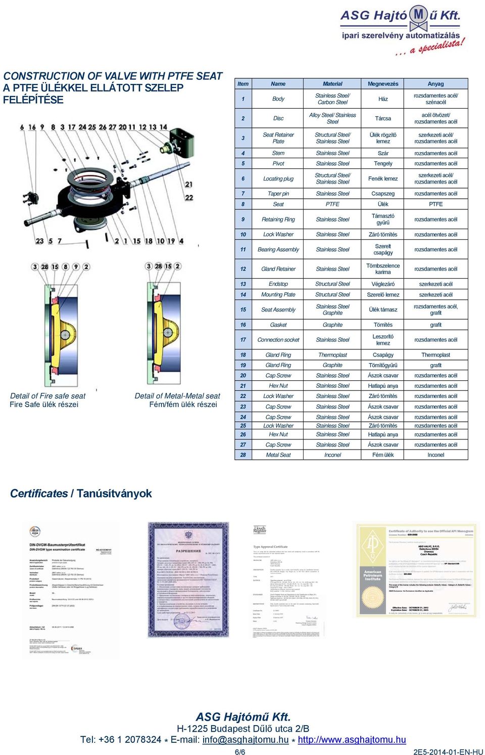 Structural Steel/ Stainless Steel Fenék lemez szerkezeti acél/ 7 Taper pin Stainless Steel Csapszeg 8 Seat PTFE Ülék PTFE 9 Retaining Ring Stainless Steel Támasztó gyűrű 10 Lock Washer Stainless