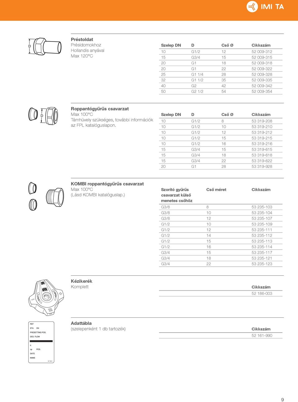 Szelep DN D Cső Ø Cikkszám 10 G1/2 8 53 319-208 10 G1/2 10 53 319-210 10 G1/2 12 53 319-212 10 G1/2 15 53 319-215 10 G1/2 16 53 319-216 15 G3/4 15 53 319-615 15 G3/4 18 53 319-618 15 G3/4 22 53