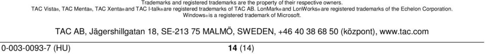 LonMark and LonWorks are registered trademarks of the Echelon Corporation.