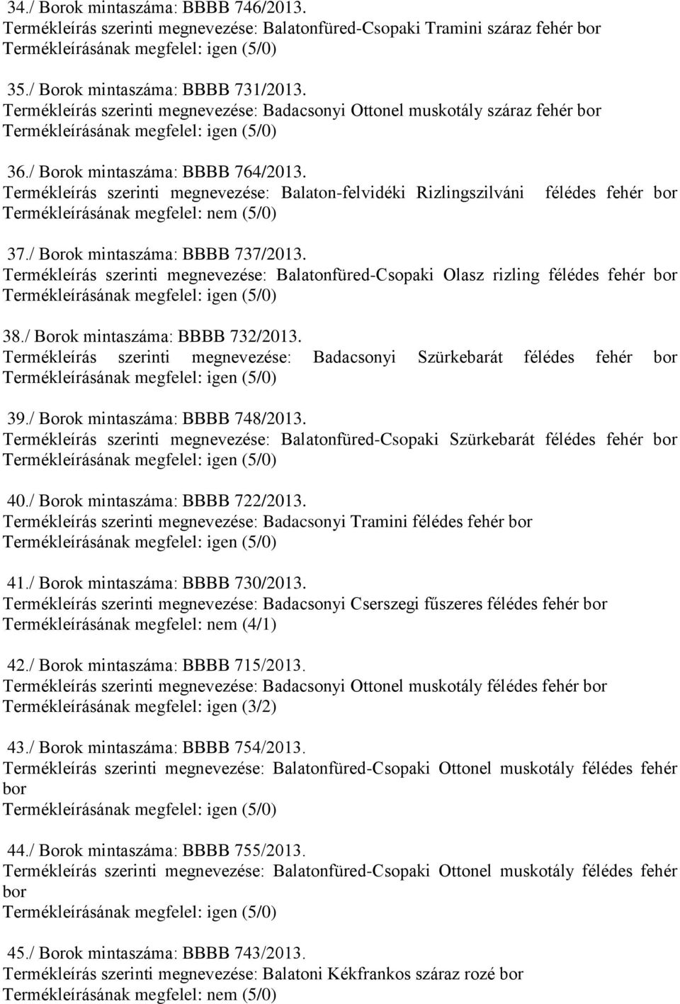 Termékleírás szerinti megnevezése: Balaton-felvidéki Rizlingszilváni félédes fehér 37./ Borok mintaszáma: BBBB 737/2013.