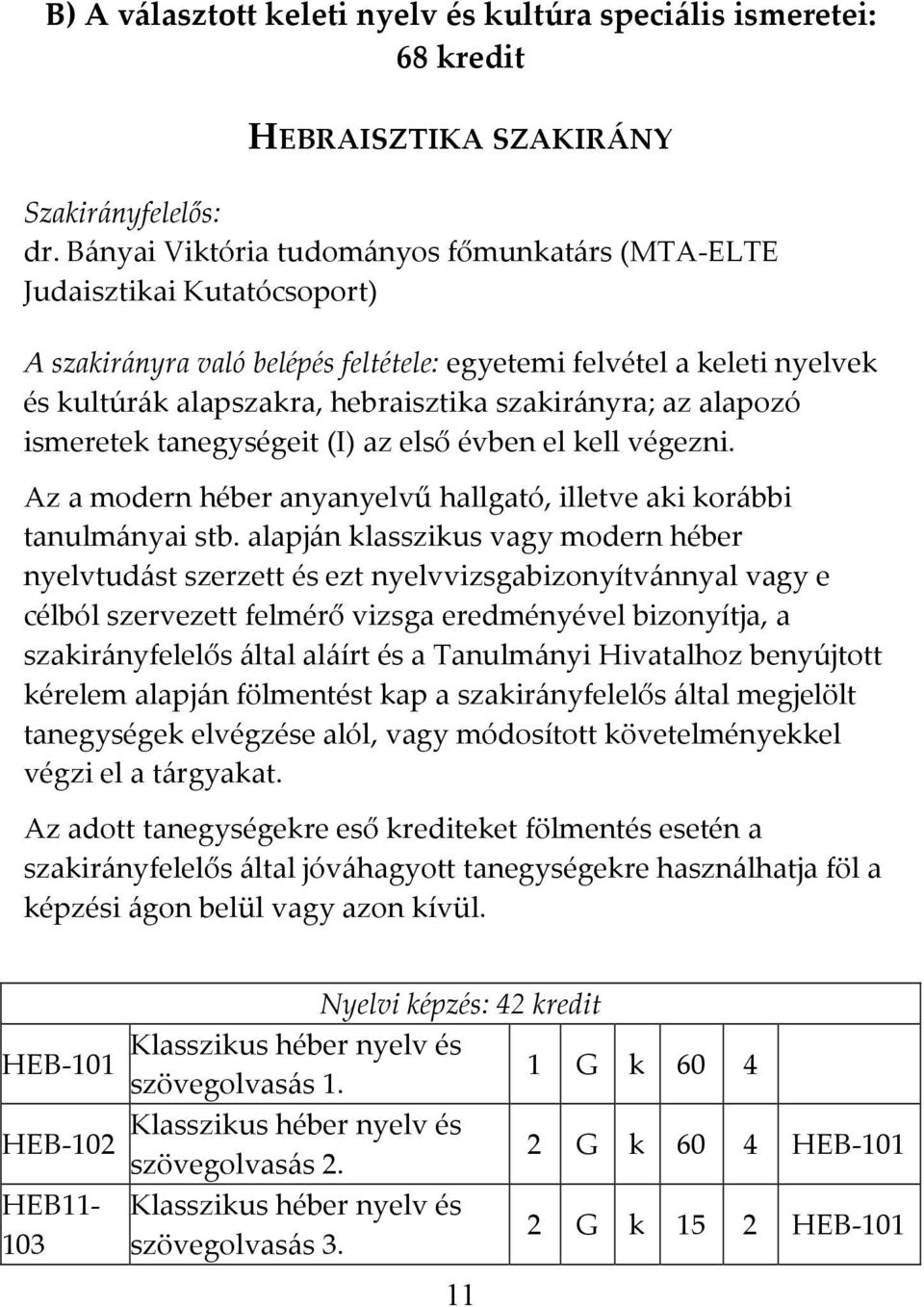 szakirányra; az alapozó ismeretek tanegységeit (I) az első évben el kell végezni. Az a modern héber anyanyelvű hallgató, illetve aki korábbi tanulmányai stb.