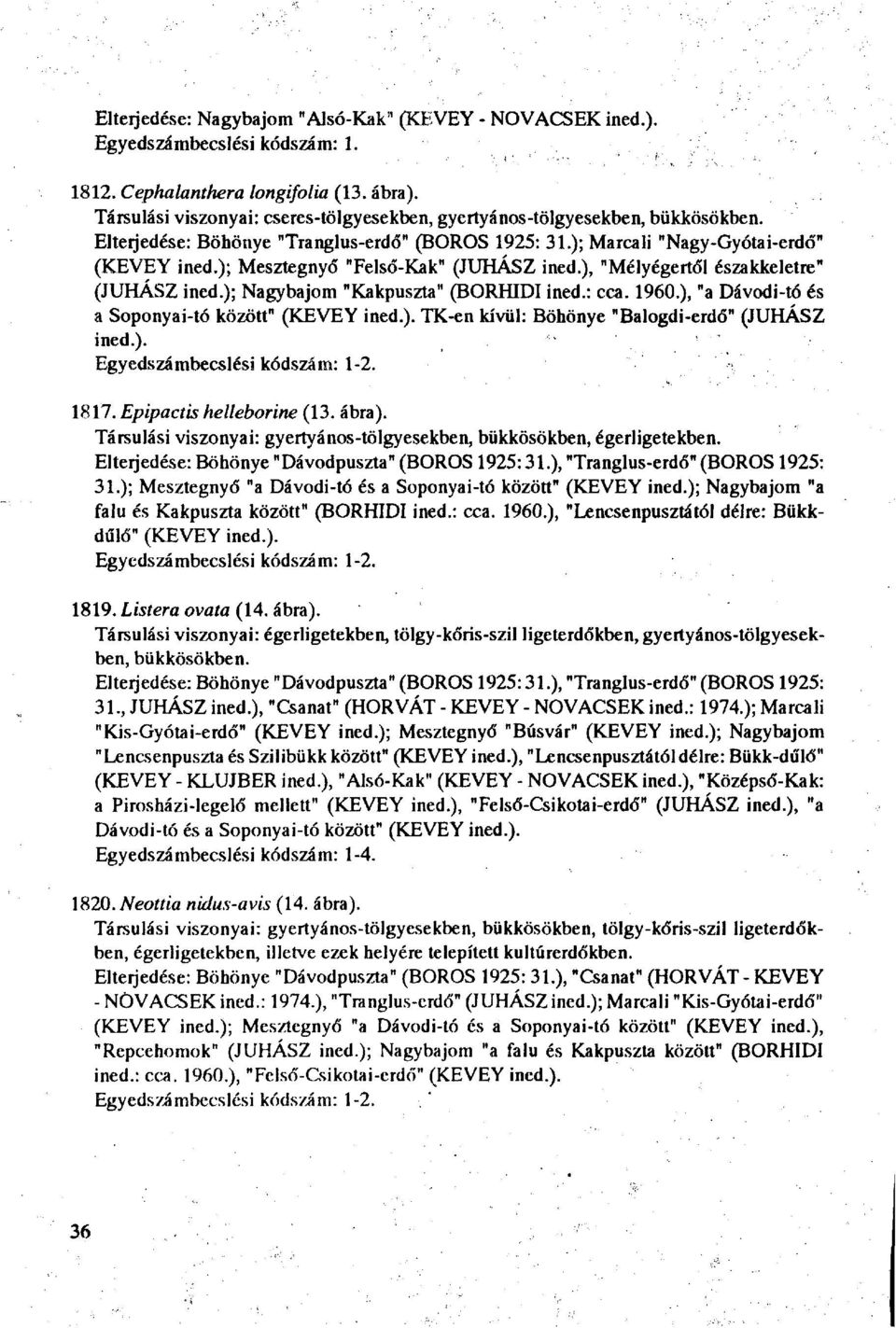 ); Mesztegnyő "Felsó-Kak" (JUHÁSZ ined.), "Mélyégertől északkeletre" (JUHÁSZ ined.); Nagybajom "Kakpuszta" (BORHIDI ined.: cca. I960.), "a Dávodi-tó és a Soponyai-tó között" (KEVEY ined.). TK-en kívül: Böhönye "Balogdi-erdó" (JUHÁSZ ined.