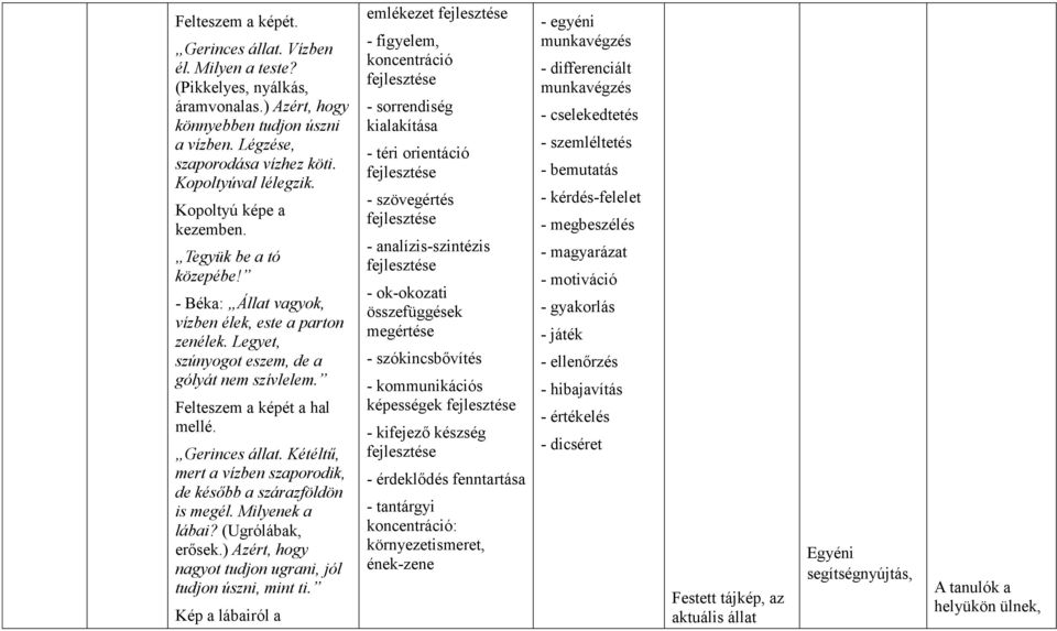 Gerinces állat. Kétéltű, mert a vízben szaporodik, de később a szárazföldön is megél. Milyenek a lábai? (Ugrólábak, erősek.) Azért, hogy nagyot tudjon ugrani, jól tudjon úszni, mint ti.