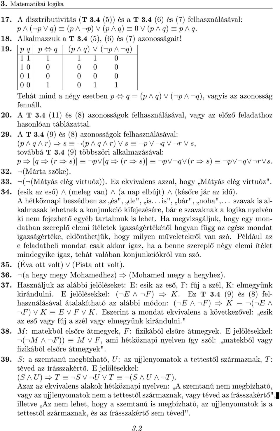 4 (11) és (8) azonosságok felhasználásával, vagy az el z feladathoz hasonlóan táblázattal. 29. A T 3.4 (9) és (8) azonosságok felhasználásával: (p q r) s (p q r) s p q r s, továbbá T 3.