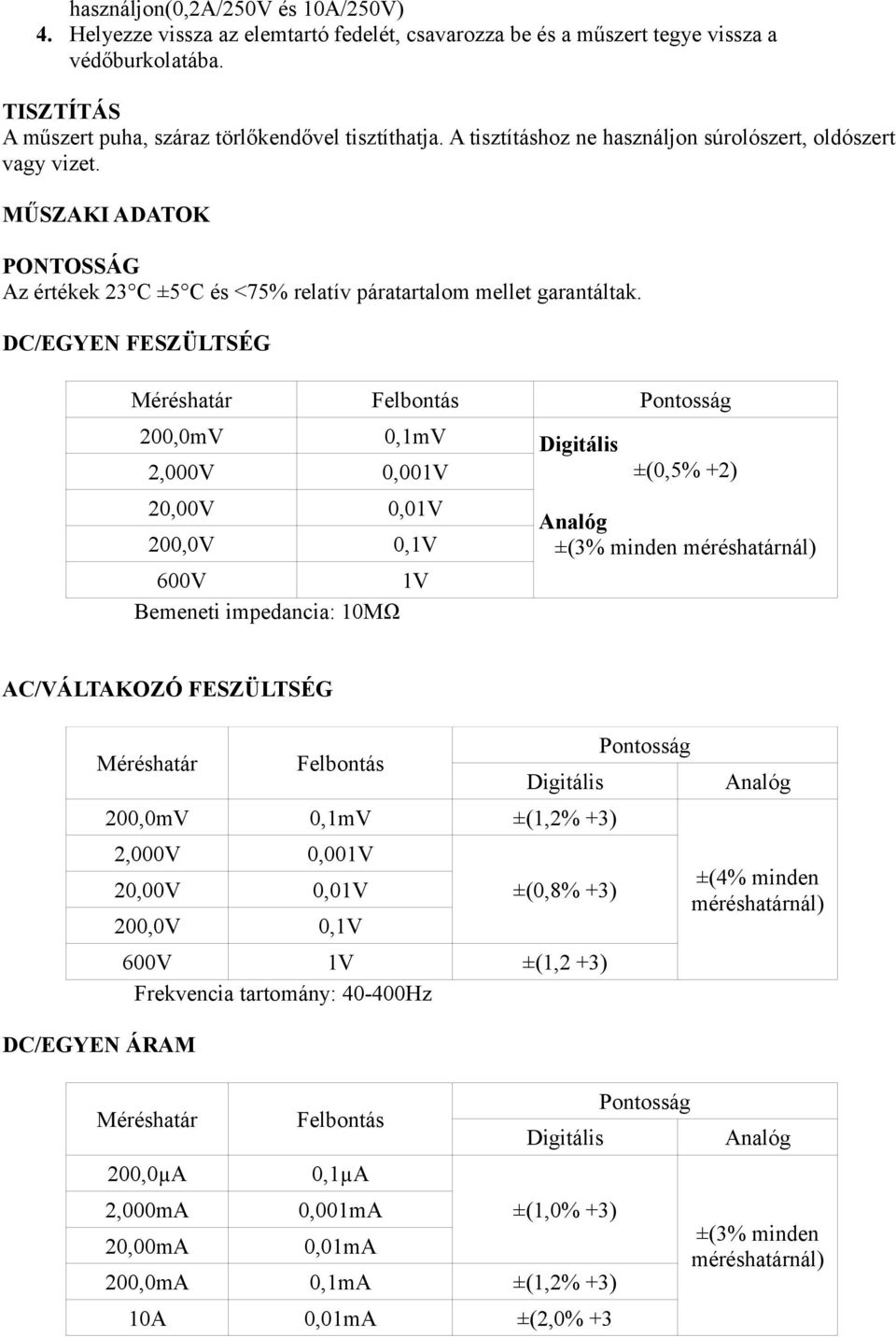 DC/EGYEN FESZÜLTSÉG Méréshatár Felbontás Pontosság 200,0mV 0,1mV 2,000V 0,001V 20,00V 0,01V 200,0V 0,1V 600V 1V Bemeneti impedancia: 10MΩ Digitális ±(0,5% +2) Analóg ±(3% minden méréshatárnál)