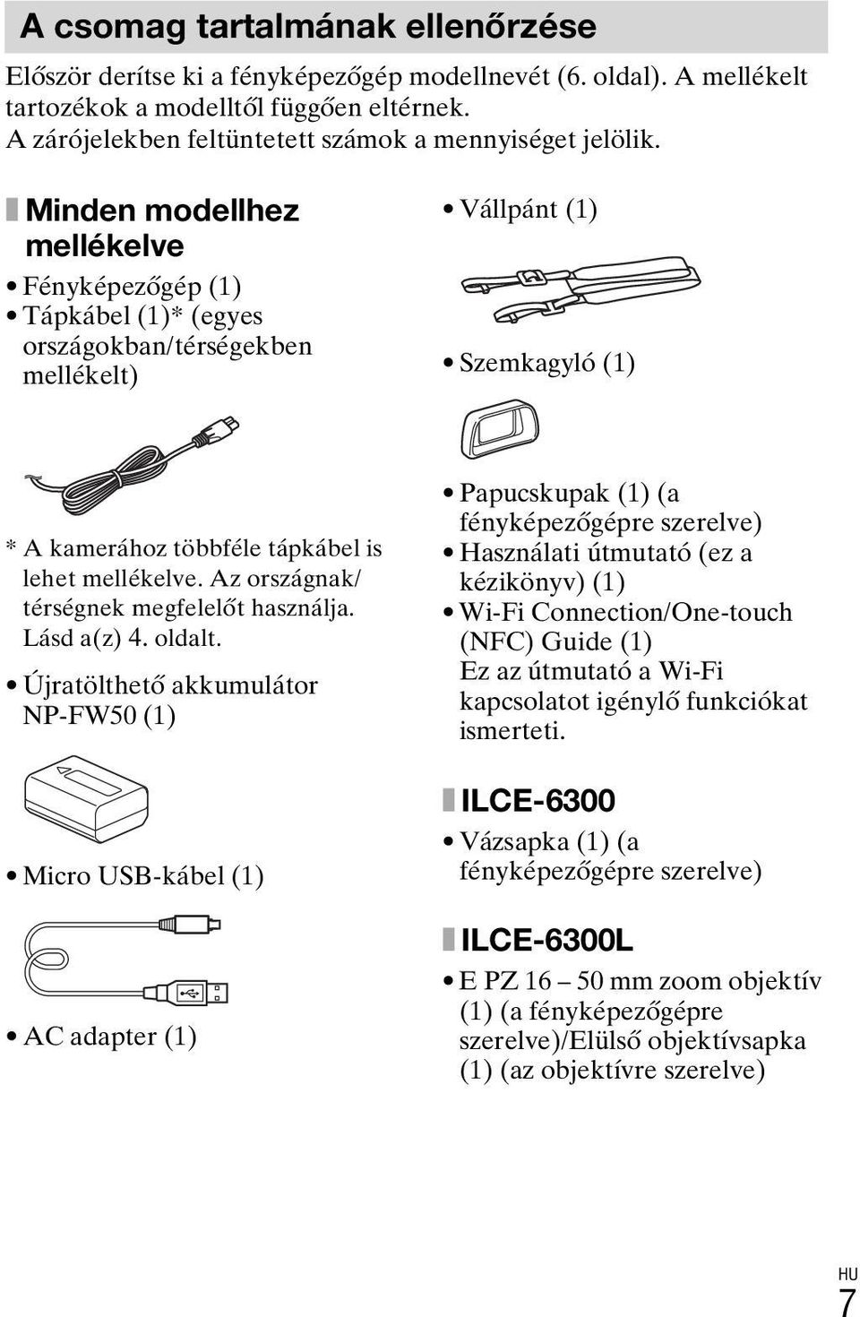 x Minden modellhez mellékelve Fényképezőgép (1) Tápkábel (1)* (egyes országokban/térségekben mellékelt) Vállpánt (1) Szemkagyló (1) * A kamerához többféle tápkábel is lehet mellékelve.