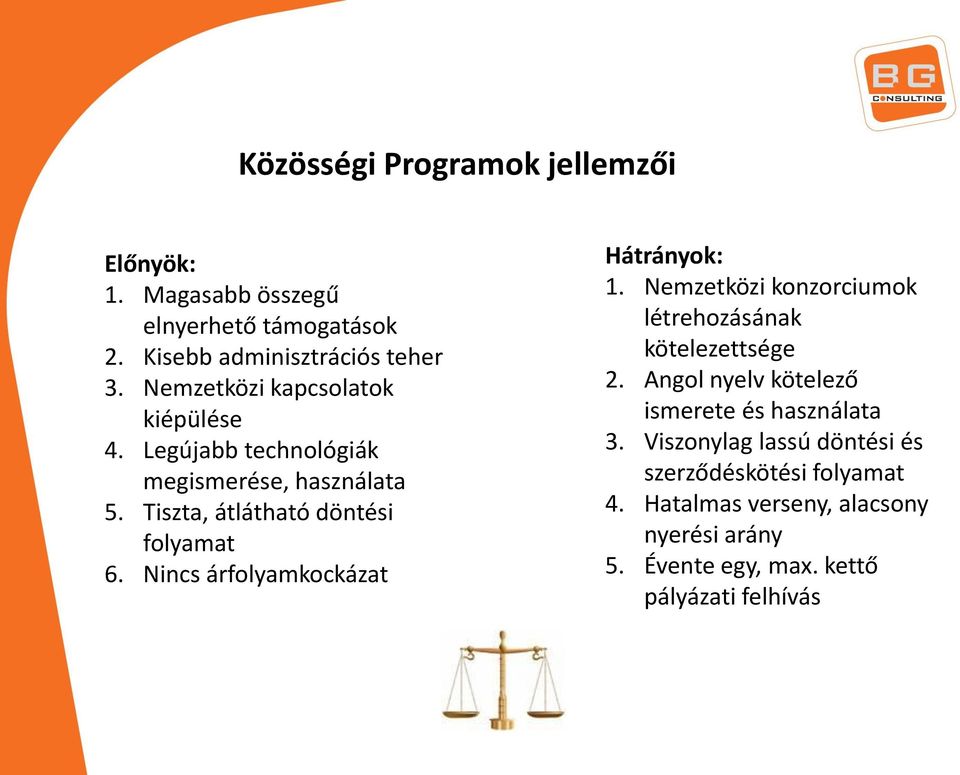 Nincs árfolyamkockázat Hátrányok: 1. Nemzetközi konzorciumok létrehozásának kötelezettsége 2.