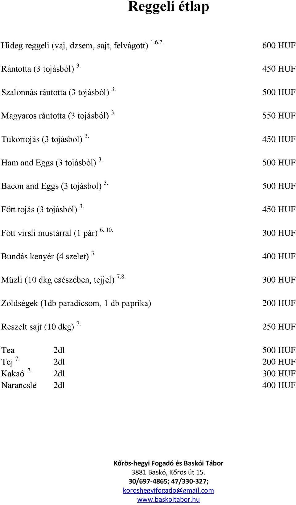 Főtt tojás (3 tojásból) 3. Főtt virsli mustárral (1 pár) Bundás kenyér (4 szelet) 3. 6. 10. 300 Müzli (10 dkg csészében, tejjel) 7.8.
