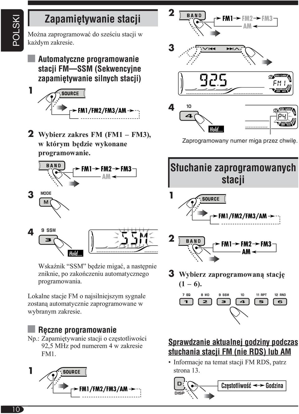 3 S uchanie zaprogramowanych stacji 1 Zaprogramowany numer miga przez chwil. 4 2 Wskaźnik SSM będzie migać, a następnie zniknie, po zakończeniu automatycznego programowania.