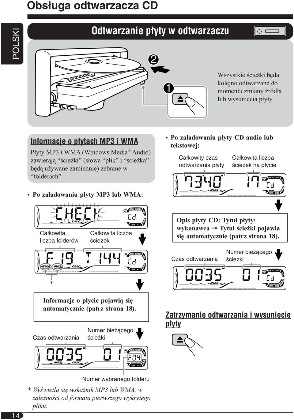 Po załadowaniu płyty CD audio lub tekstowej: Ca kowity czas odtwarzania p yty Ca kowita liczba Êcie ek na p ycie Po załadowaniu płyty MP3 lub WMA: Ca kowita liczba folderów Ca kowita liczba Êcie ek