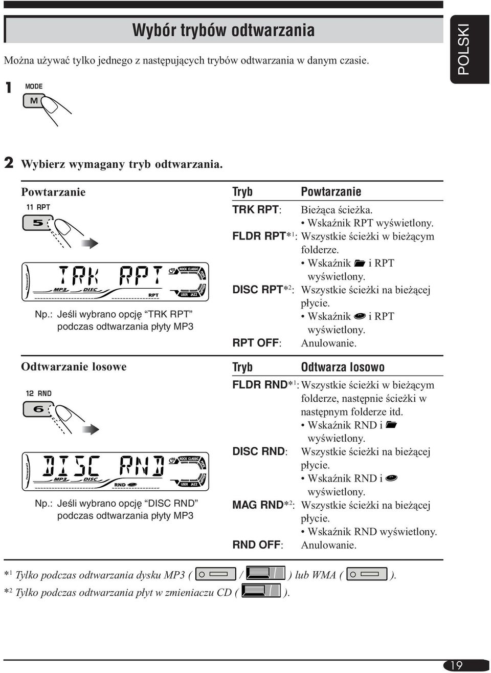 Wskaźnik RPT wyświetlony. FLDR RPT* 1 : Wszystkie ścieżki w bieżącym folderze. Wskaźnik i RPT wyświetlony. DISC RPT* 2 : Wszystkie ścieżki na bieżącej płycie. Wskaźnik i RPT wyświetlony. RPT OFF: Anulowanie.