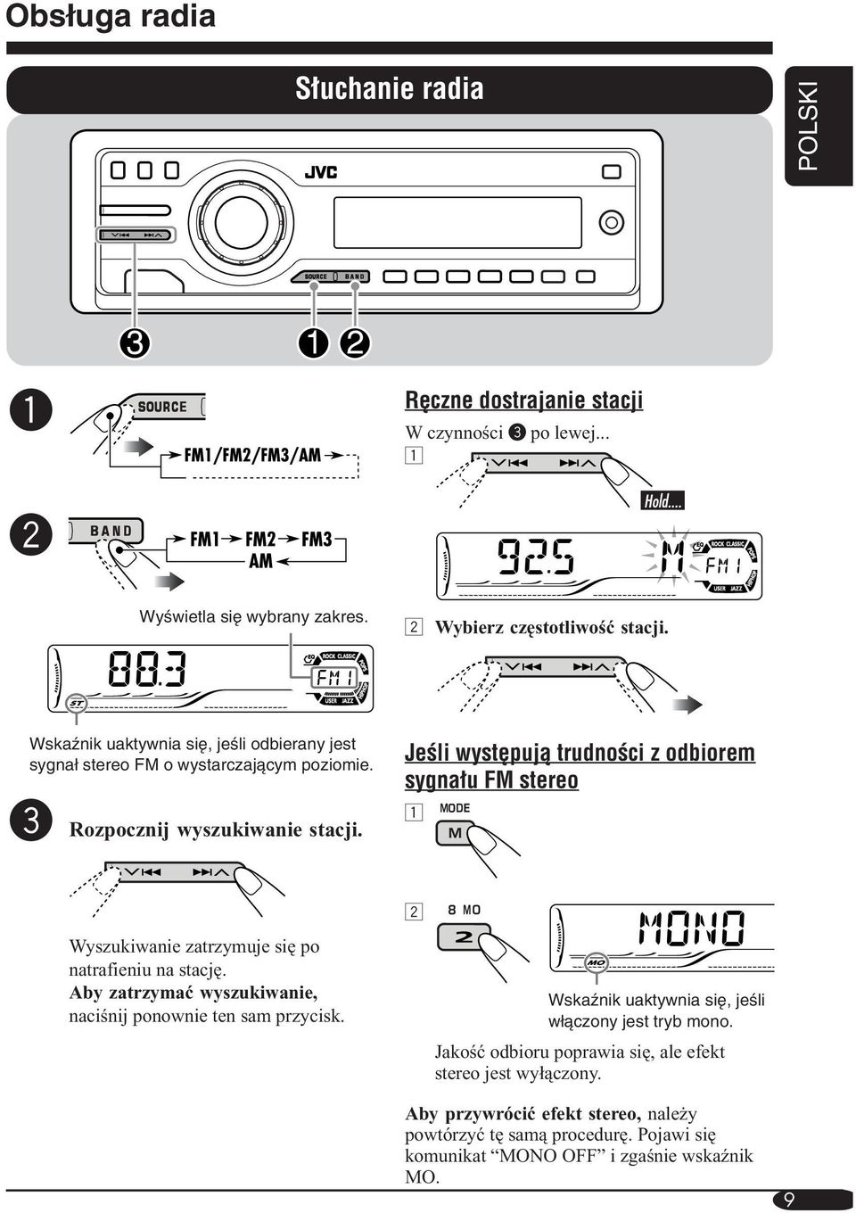 JeÊli wyst pujà trudnoêci z odbiorem sygna u FM stereo 1 Wyszukiwanie zatrzymuje się po natrafieniu na stację.