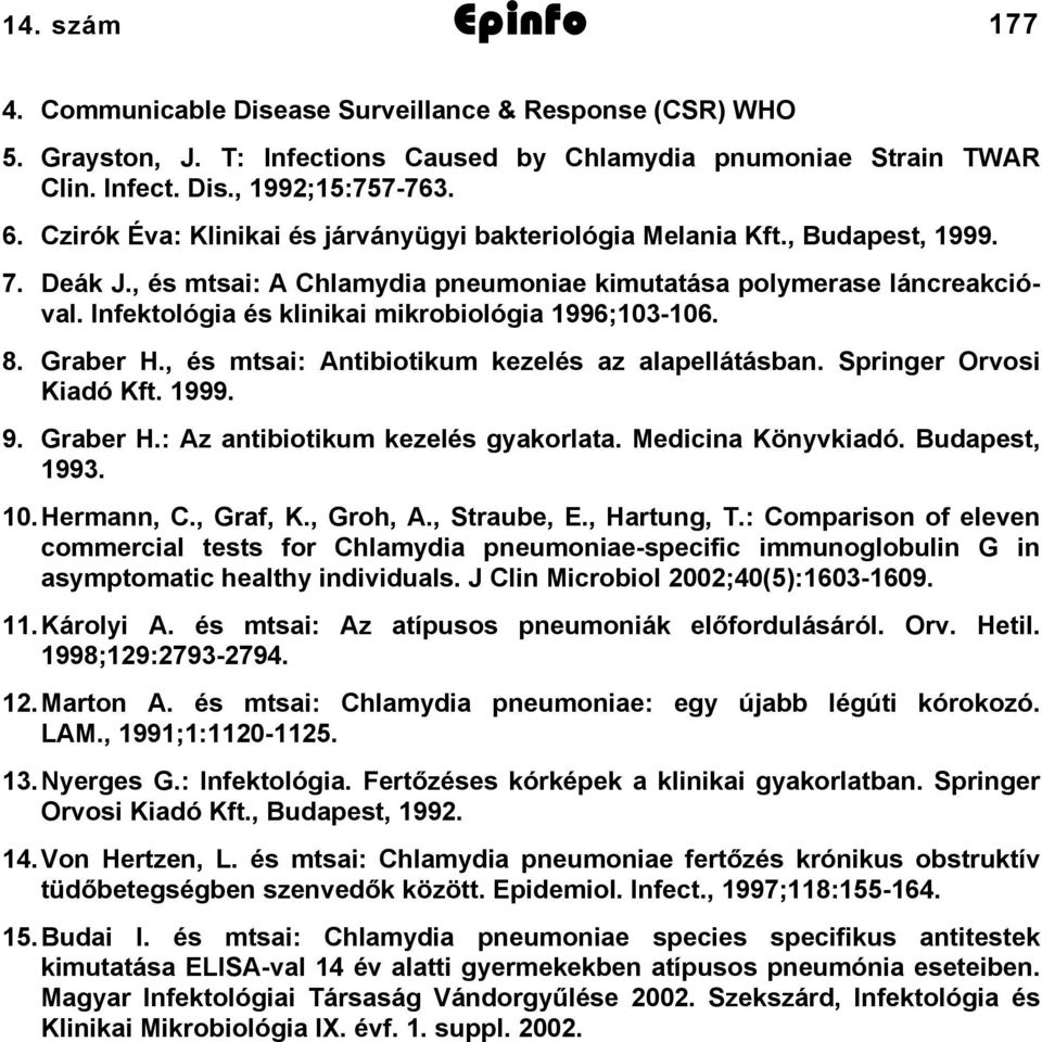 Infektológia és klinikai mikrobiológia 996;03-06. 8. Graber H., és mtsai: Antibiotikum kezelés az alapellátásban. Springer Orvosi Kiadó Kft. 999. 9. Graber H.: Az antibiotikum kezelés gyakorlata.