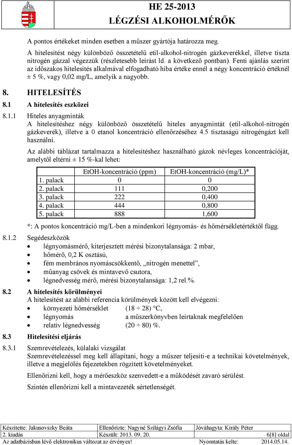 Fenti ajánlás szerint az időszakos hitelesítés alkalmával elfogadható hiba értéke ennél a négy koncentráció értéknél ± 5 %, vagy 0,02 mg/l, amelyik a nagyobb. 8. HITELESÍTÉS 8.