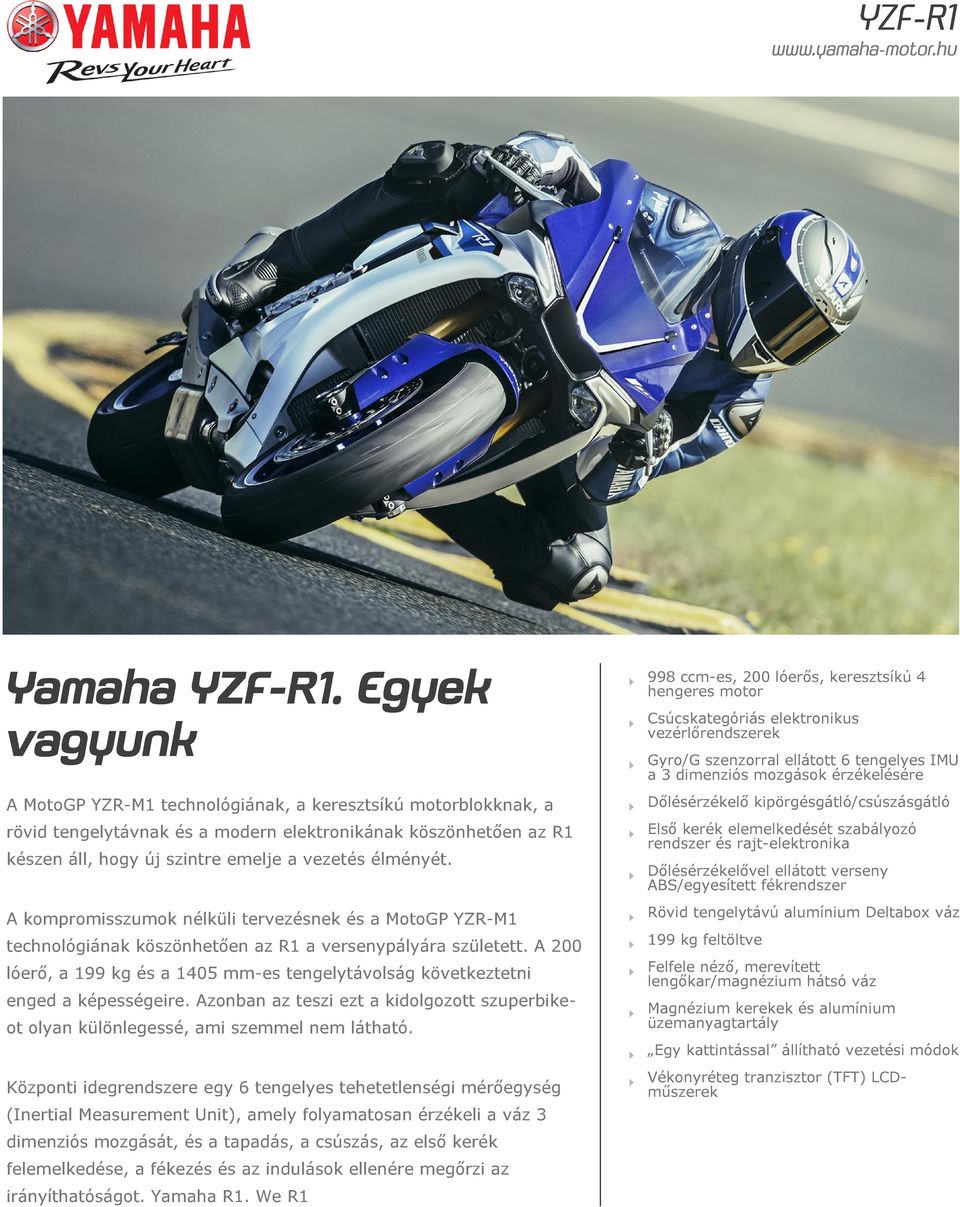 A kompromisszumok nélküli tervezésnek és a MotoGP YZR-M1 technológiának köszönhetően az R1 a versenypályára született.