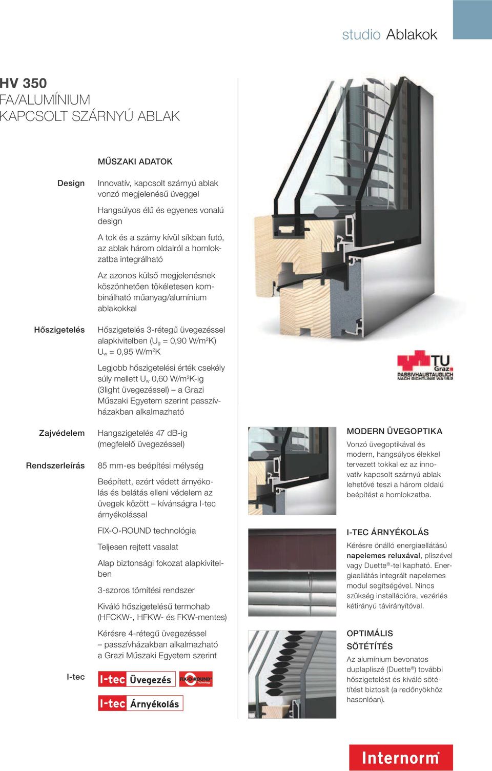 3-rétegű üvegezéssel alapkivitelben (U g = 0,90 W/m 2 K) U w = 0,95 W/m 2 K Zajvédelem Rendszerleírás I-tec Legjobb hőszigetelési érték csekély súly mellett U w 0,60 W/m 2 K-ig (3light üvegezéssel) a