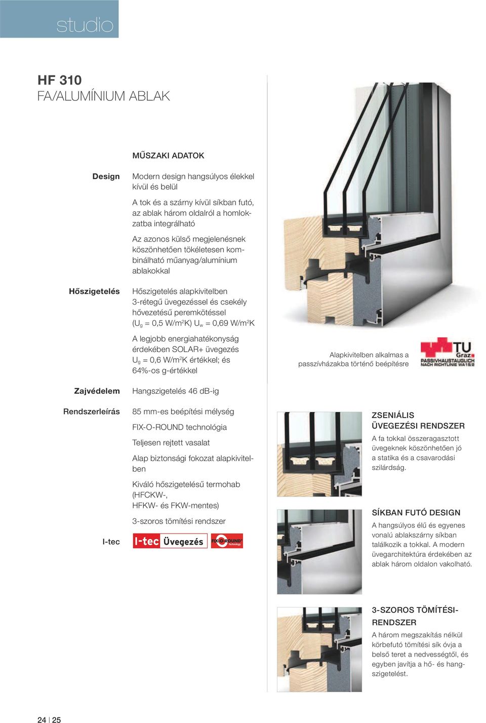 0,5 W/m 2 K) U w = 0,69 W/m 2 K A legjobb energiahatékonyság érdekében SOLAR+ üvegezés U g = 0,6 W/m 2 K értékkel; és 64%-os g-értékkel Alapkivitelben alkalmas a passzívházakba történő beépítésre