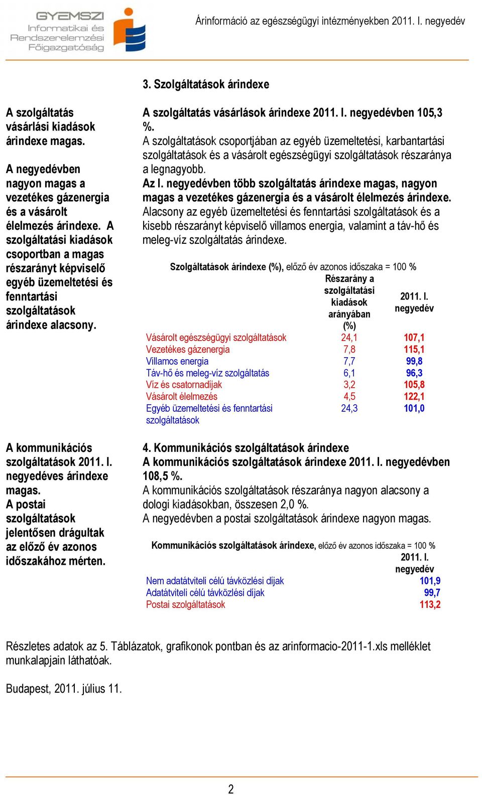 A postai szolgáltatások jelentősen drágultak az előző év azonos időszakához mérten. A szolgáltatás vásárlások árindexe 2011. I. negyedévben 105,3 %.