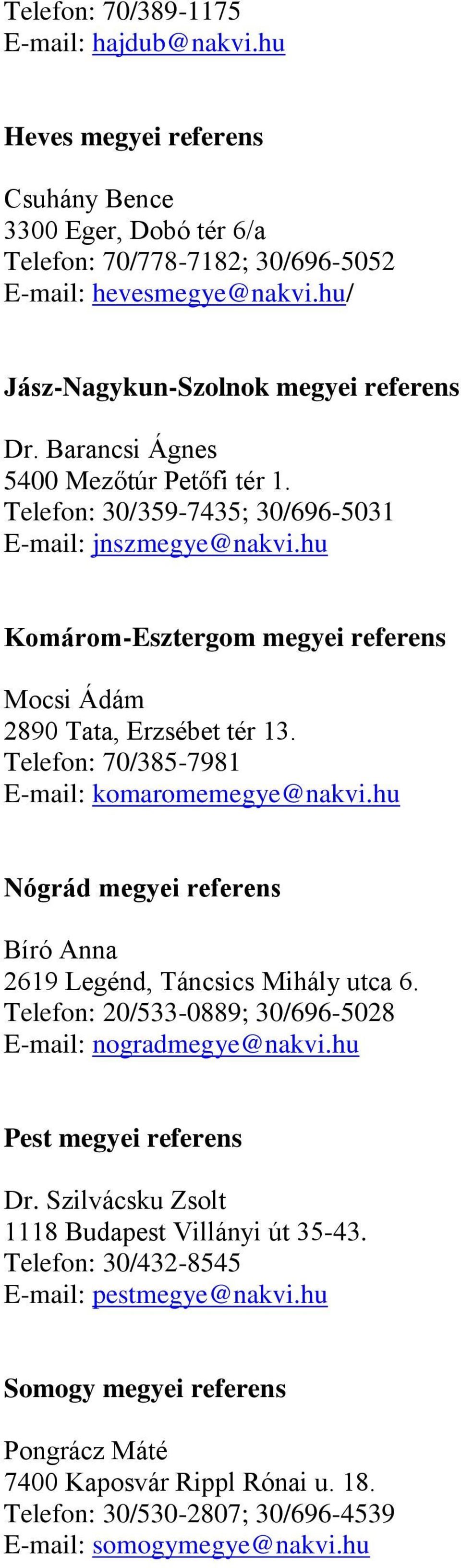 hu Komárom-Esztergom megyei referens Mocsi Ádám 2890 Tata, Erzsébet tér 13. Telefon: 70/385-7981 E-mail: komaromemegye@nakvi.hu Nógrád megyei referens Bíró Anna 2619 Legénd, Táncsics Mihály utca 6.