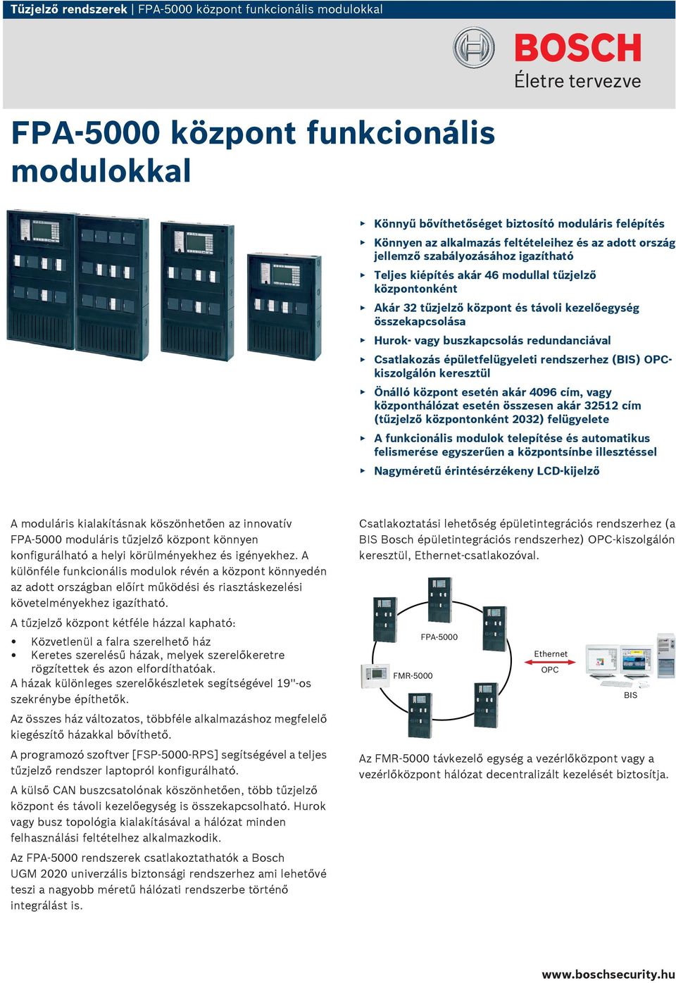 redundanciával Csatlakozás épületfelügyeleti rendszerhez (BS) OPCkiszolgálón keresztül Önálló központ esetén akár 4096 cím, vagy központhálózat esetén összesen akár 32512 cím (tűzjelző központonként