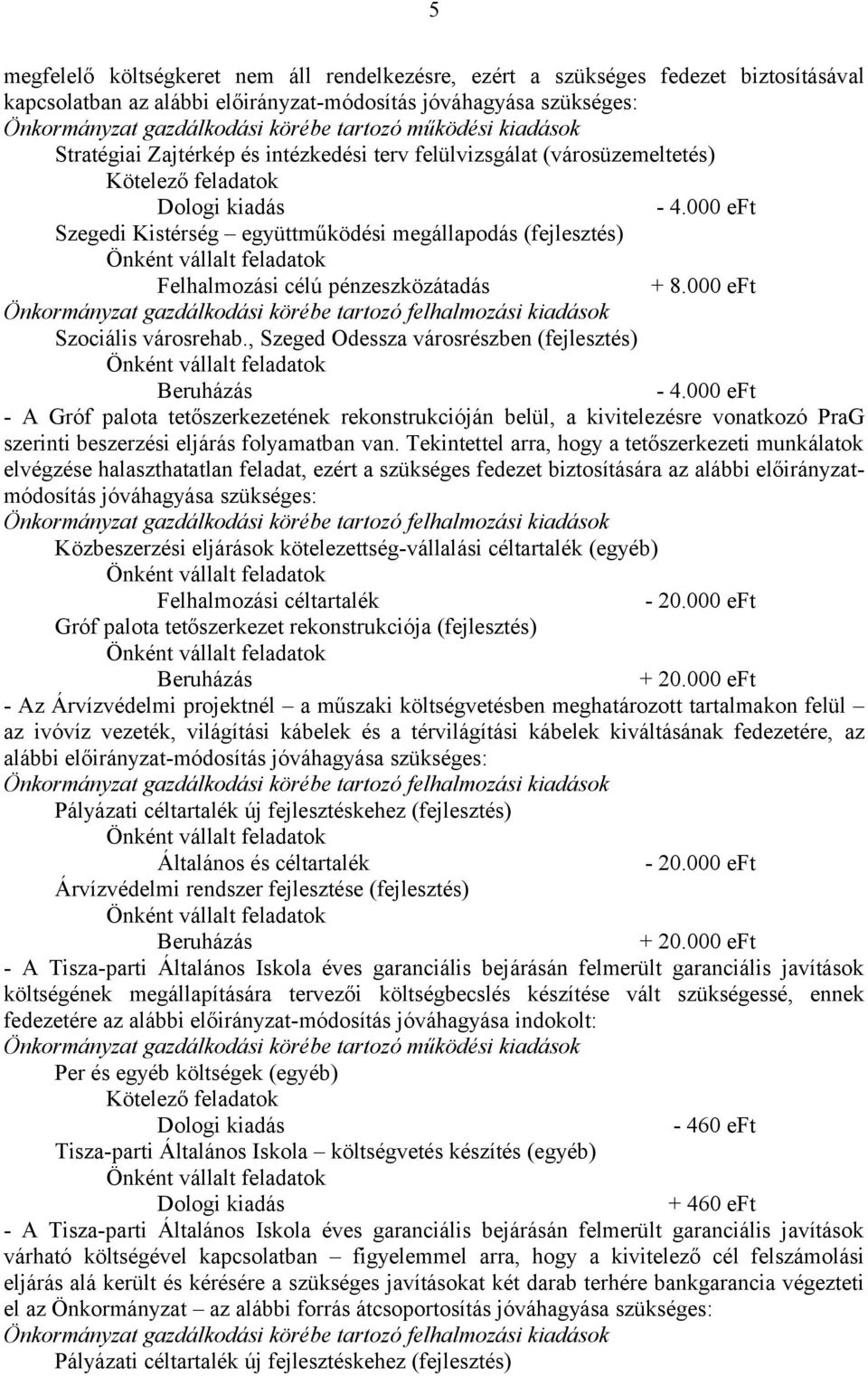 , Szeged Odessza városrészben (fejlesztés) - 4.000 eft - A Gróf palota tetőszerkezetének rekonstrukcióján belül, a kivitelezésre vonatkozó PraG szerinti beszerzési eljárás folyamatban van.