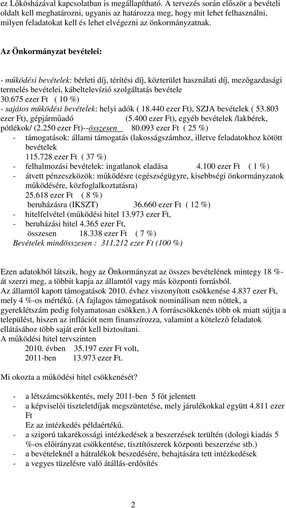 Az Önkormányzat bevételei: - működési bevételek: bérleti díj, térítési díj, közterület használati díj, mezőgazdasági termelés bevételei, kábeltelevízió szolgáltatás bevétele 30.