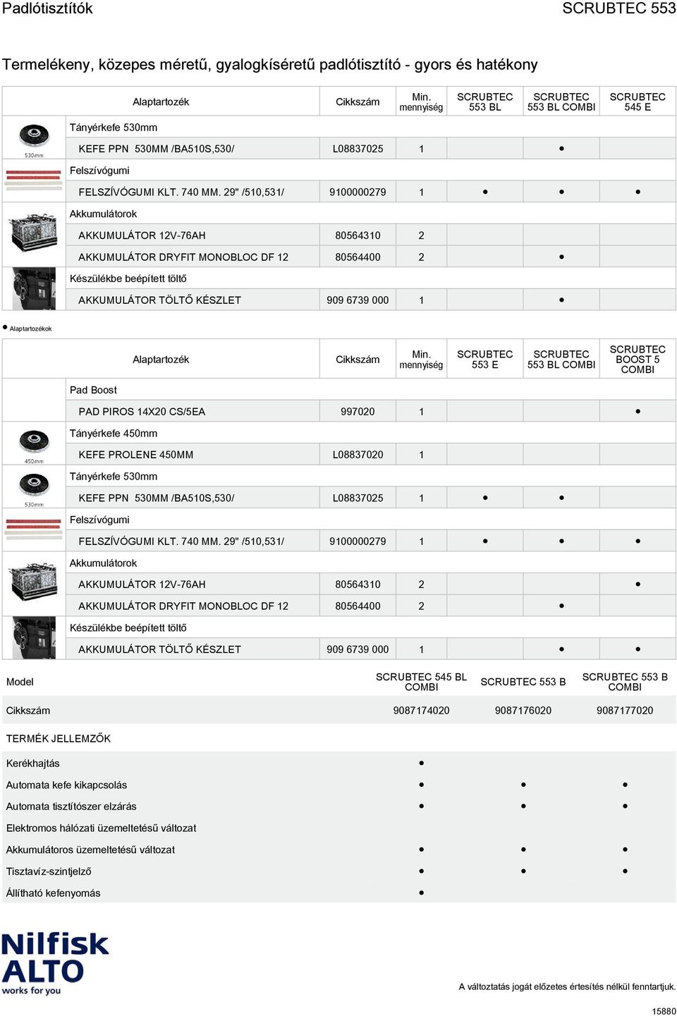 Alaptartozékok Alaptartozék 553 E 553 BL BOOST 5 Pad Boost PAD PIROS 14X20 CS/5EA 997020 1 Tányérkefe 450mm KEFE PROLENE 450MM L08837020 1 Tányérkefe 530mm KEFE PPN 530MM /BA510S,530/ L08837025 1