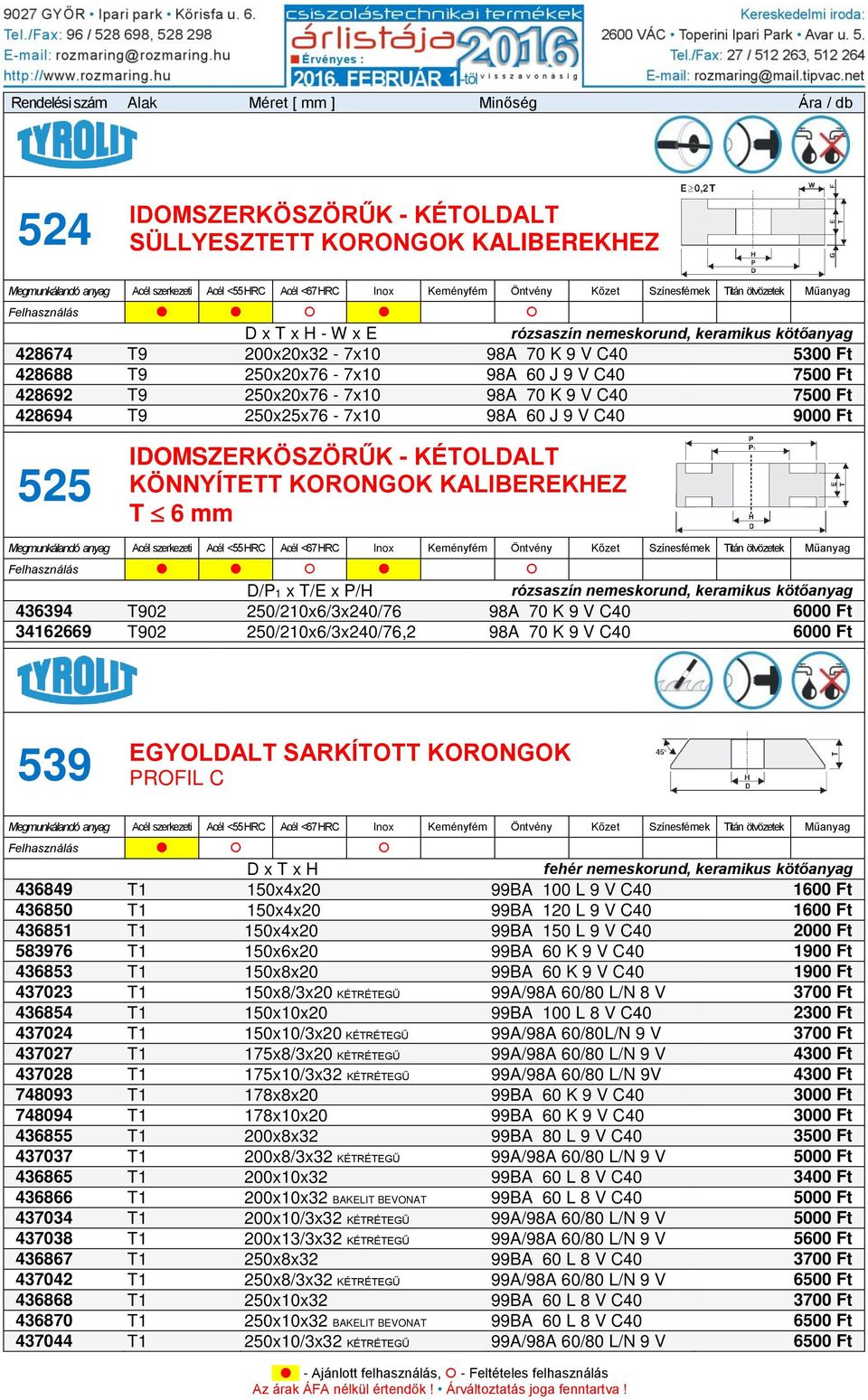 V C40 6000 Ft 34162669 T902 250/210x6/3x240/76,2 98A 70 K 9 V C40 6000 Ft 539 EGYOLDALT SARKÍTOTT KORONGOK PROFIL C Felhasználás 436849 T1 150x4x20 99BA 100 L 9 V C40 1600 Ft 436850 T1 150x4x20 99BA