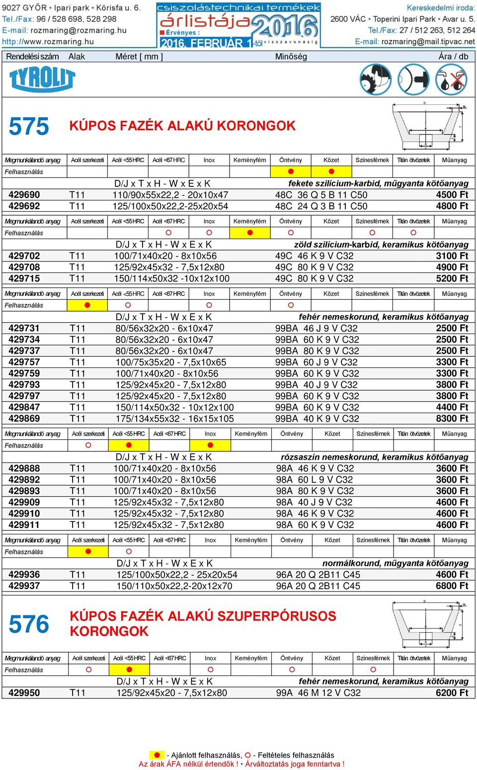 150/114x50x32-10x12x100 49C 80 K 9 V C32 5200 Ft 429731 T11 80/56x32x20-6x10x47 99BA 46 J 9 V C32 2500 Ft 429734 T11 80/56x32x20-6x10x47 99BA 60 K 9 V C32 2500 Ft 429737 T11 80/56x32x20-6x10x47 99BA