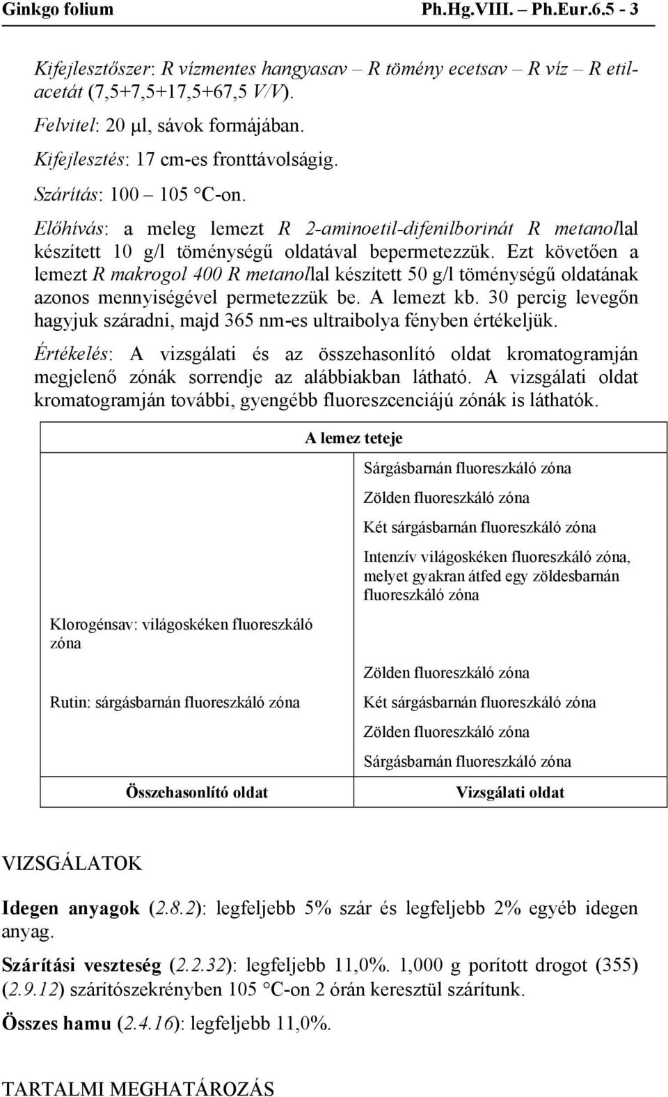 Ezt követően a lemezt R makrogol 400 R metanollal készített 50 g/l töménységű oldatának azonos mennyiségével permetezzük be. A lemezt kb.