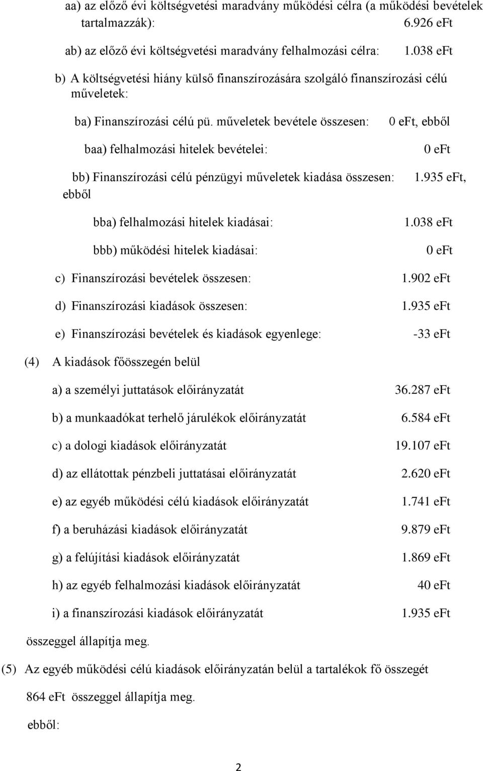 műveletek bevétele összesen: baa) felhalmozási hitelek bevételei: 0 eft, ebből 0 eft bb) Finanszírozási célú pénzügyi műveletek kiadása összesen: ebből bba) felhalmozási hitelek kiadásai: bbb)