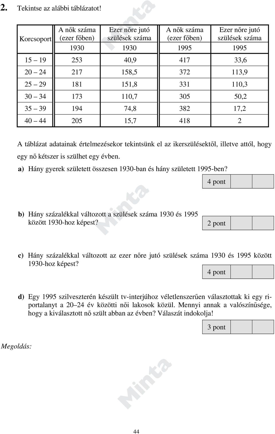 181 151,8 331 110,3 30 34 173 110,7 305 50,2 35 39 194 74,8 382 17,2 40 44 205 15,7 418 2 A táblázat adatainak értelmezésekor tekintsünk el az ikerszülésektől, illetve attól, hogy egy nő kétszer is