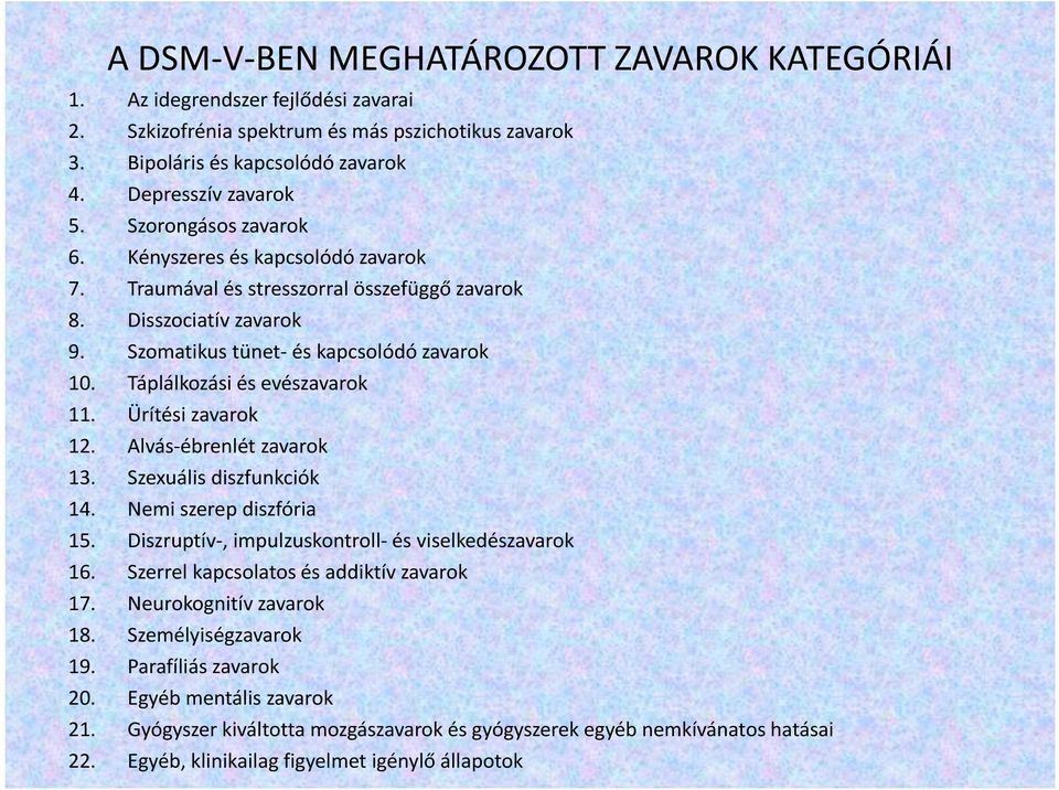 Táplálkozási és evészavarok 11. Ürítési zavarok 12. Alvás-ébrenlét zavarok 13. Szexuális diszfunkciók 14. Nemi szerep diszfória 15. Diszruptív-, impulzuskontroll- és viselkedészavarok 16.