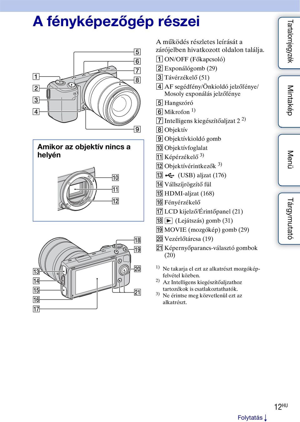 Objektívkioldó gomb J Objektívfoglalat K Képérzékelő 3) L Objektívérintkezők 3) M (USB) aljzat (176) N Vállszíjrögzítő fül O HDMI-aljzat (168) P Fényérzékelő Q LCD kijelző/érintőpanel (21) R