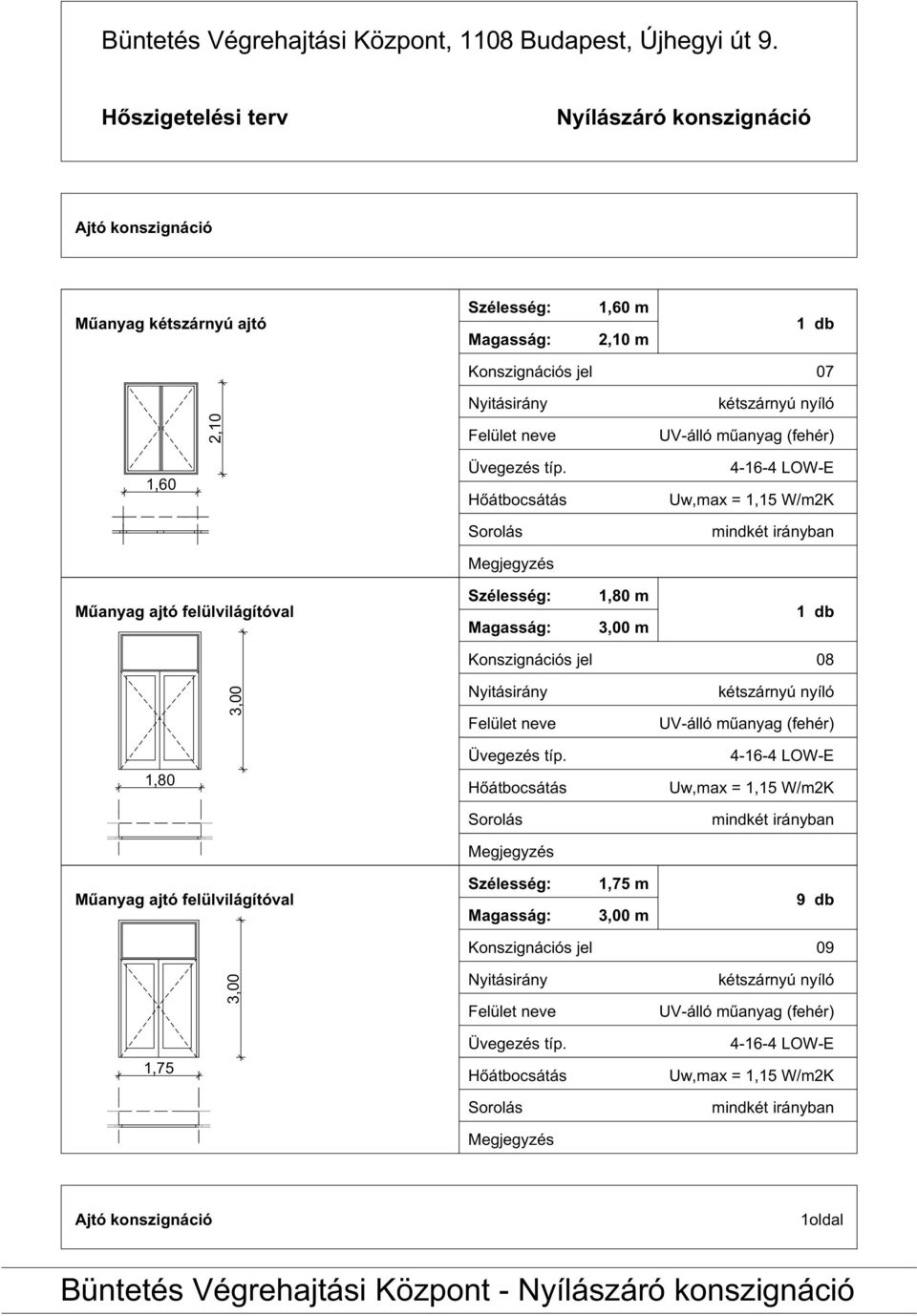 1 db 07 kétszárnyú nyíló 1,60 mindkét irányban Műanyag ajtó felülvilágítóval m m 1 db 08