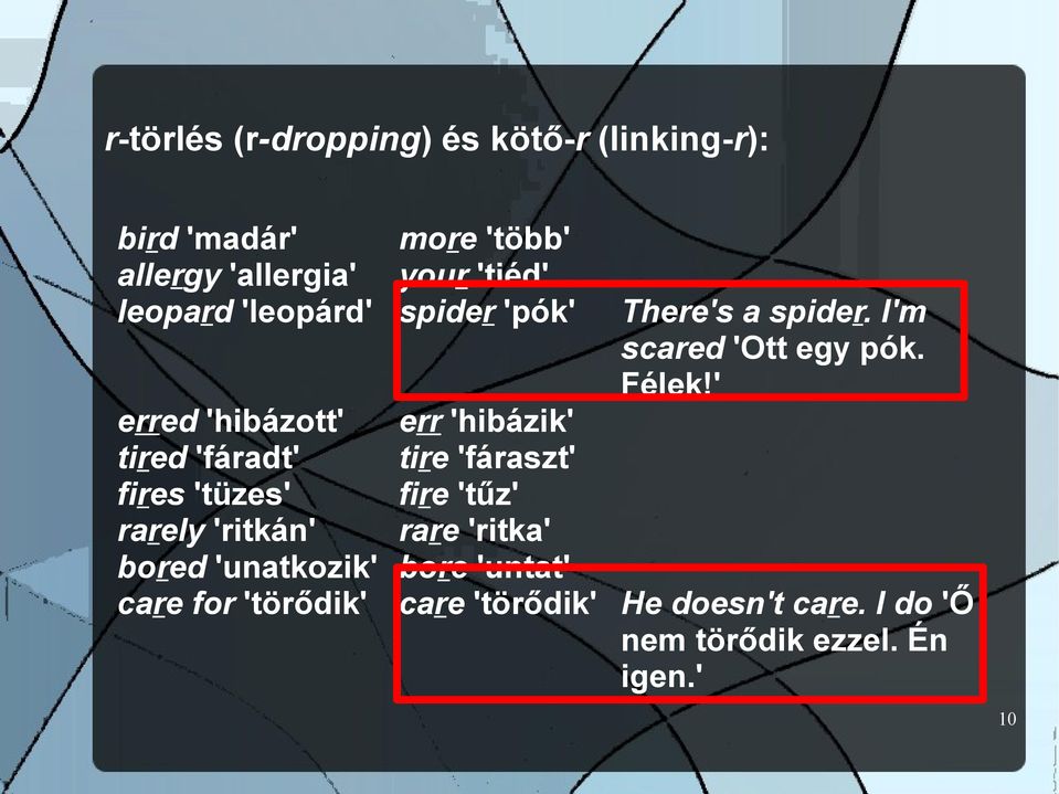 your 'tiéd' spider 'pók' err 'hibázik' tire 'fáraszt' fire 'tűz' rare 'ritka' bore 'untat' care