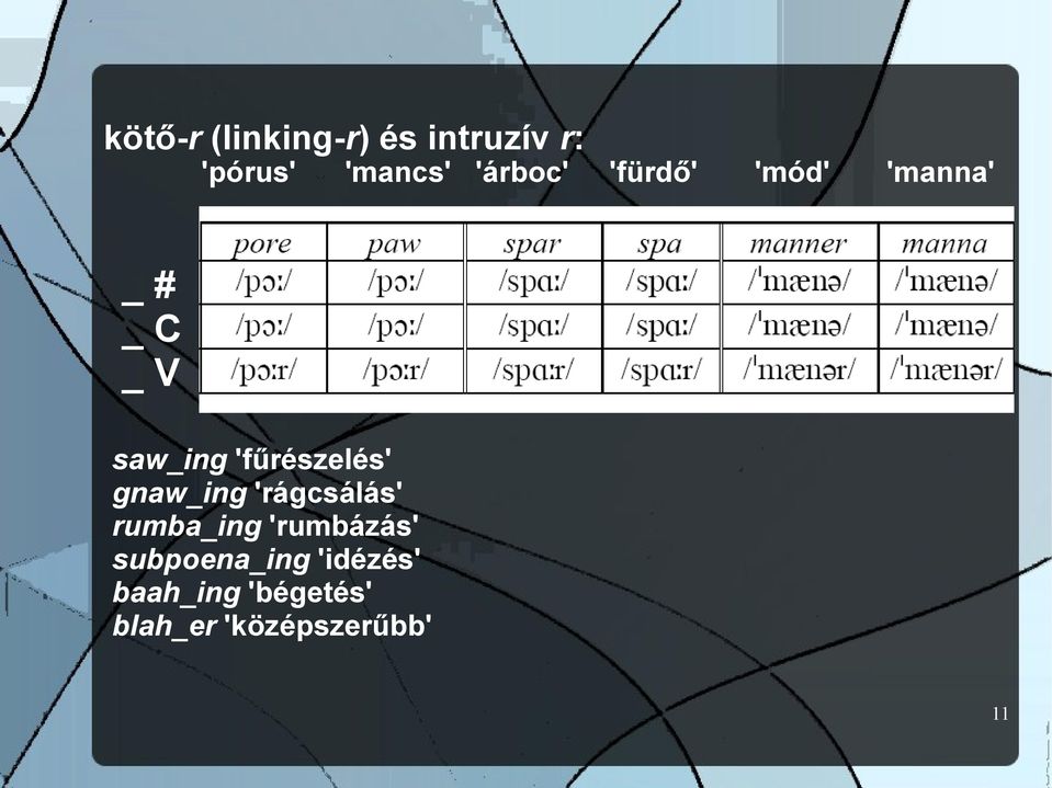 'fűrészelés' gnaw_ing 'rágcsálás' rumba_ing 'rumbázás'