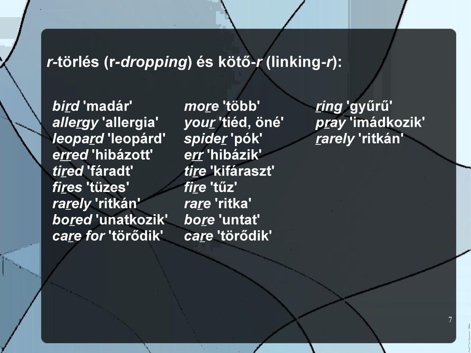 care for 'törődik' more 'több' your 'tiéd, öné' spider 'pók' err 'hibázik' tire 'kifáraszt'