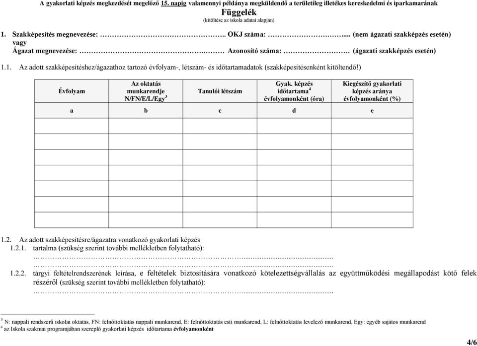 1. Az adott szakképesítéshez/ágazathoz tartozó évfolyam-, létszám- és időtartamadatok (szakképesítésenként kitöltendő!) Évfolyam Az oktatás munkarendje N/FN/E/L/Egy 3 Tanulói létszám Gyak.