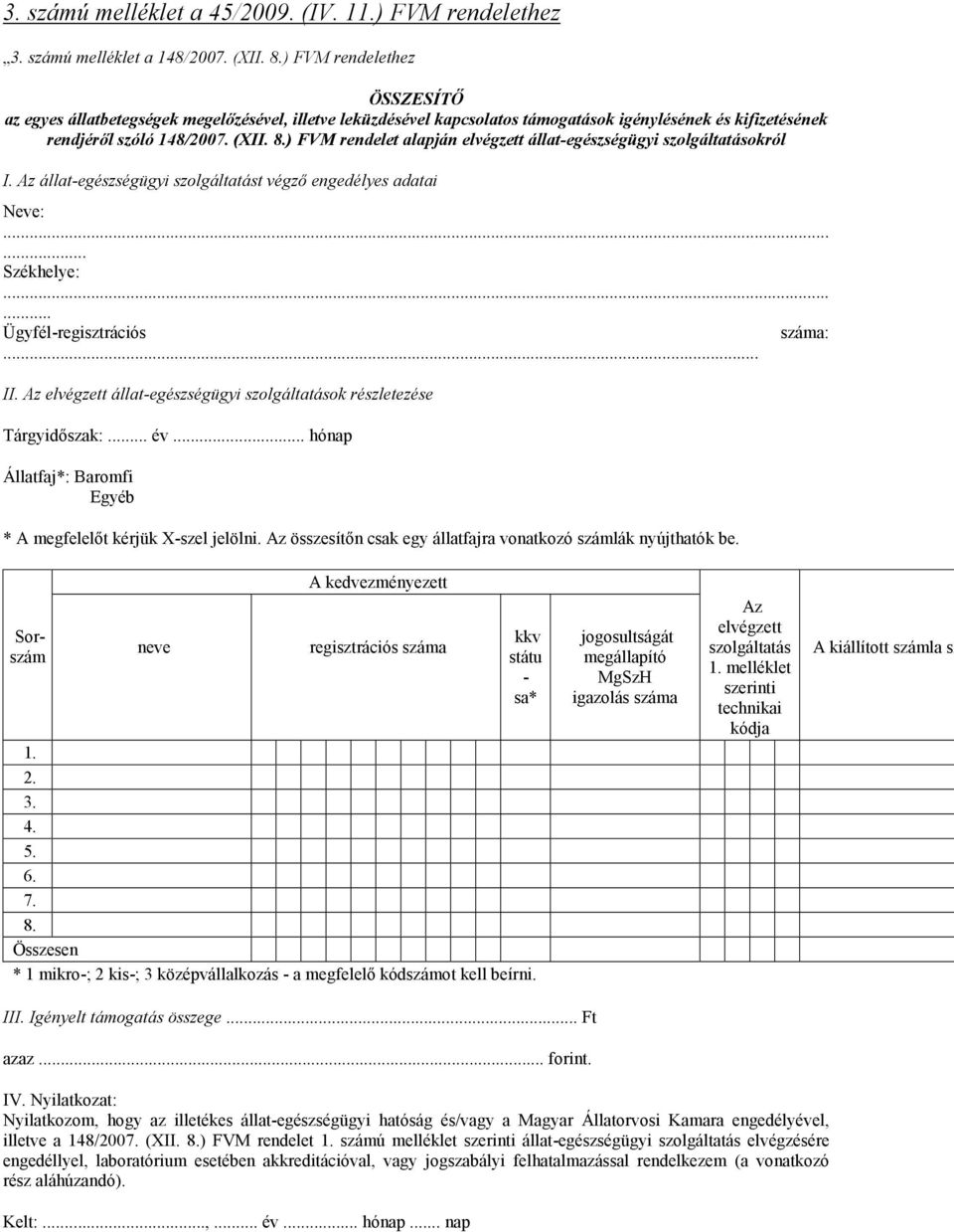 ) FVM rendelet alapján elvégzett állat-egészségügyi szolgáltatásokról I. Az állat-egészségügyi szolgáltatást végző engedélyes adatai Neve:...... Székhelye:...... Ügyfél-regisztrációs száma:... II.