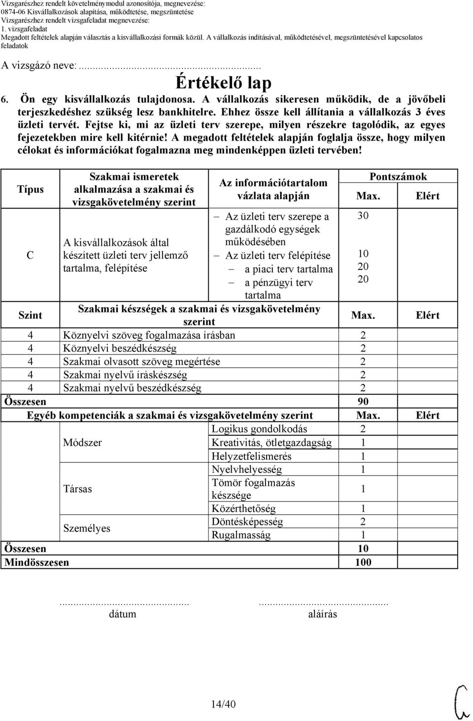 A megadott feltételek alapján foglalja össze, hogy milyen célokat és információkat fogalmazna meg mindenképpen üzleti tervében!