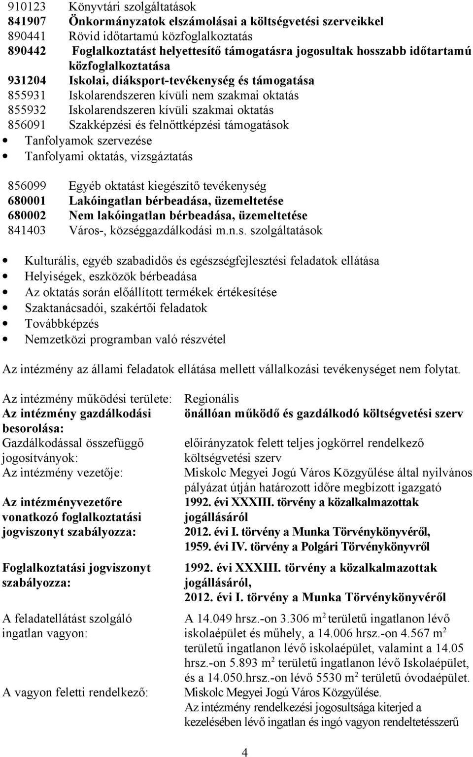 Szakképzési és felnőttképzési támogatások Tanfolyamok szervezése Tanfolyami oktatás, vizsgáztatás 856099 Egyéb oktatást kiegészítő tevékenység 680001 Lakóingatlan bérbeadása, üzemeltetése 680002 Nem