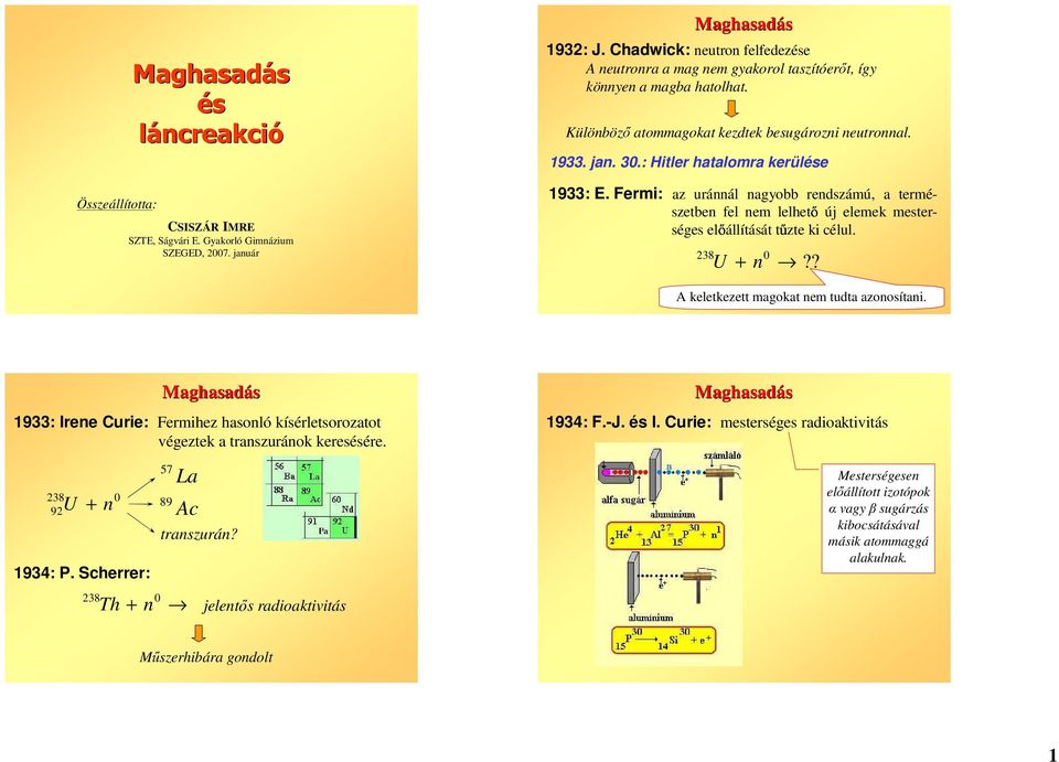 Fermi: az uráál agyobb redszámú, a természetbe fel em lelhetúj elemek mesterséges elállítását tzte ki célul. 238 U +?? A keletkezett magokat em tudta azoosítai.