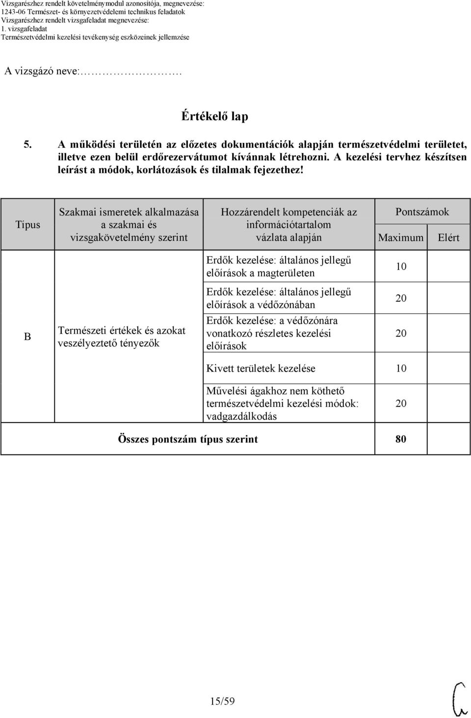 Típus Szakmai ismeretek alkalmazása a szakmai és vizsgakövetelmény szerint Hozzárendelt kompetenciák az információtartalom vázlata alapján Pontszámok Erdők kezelése: általános jellegű előírások a