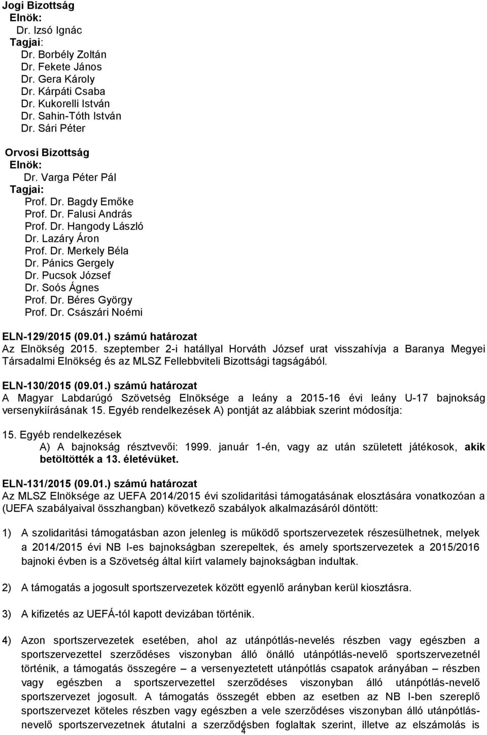 Dr. Császári Noémi ELN-129/2015 (09.01.) számú határozat Az Elnökség 2015.