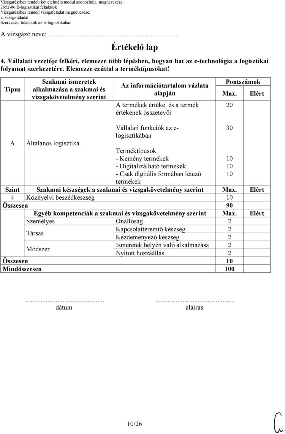 Elért A Általános logisztika Vállalati funkciók az e- logisztikában Terméktípusok - Kemény termékek - Digitalizálható termékek - Csak digitális formában létező termékek Szint Szakmai készségek a