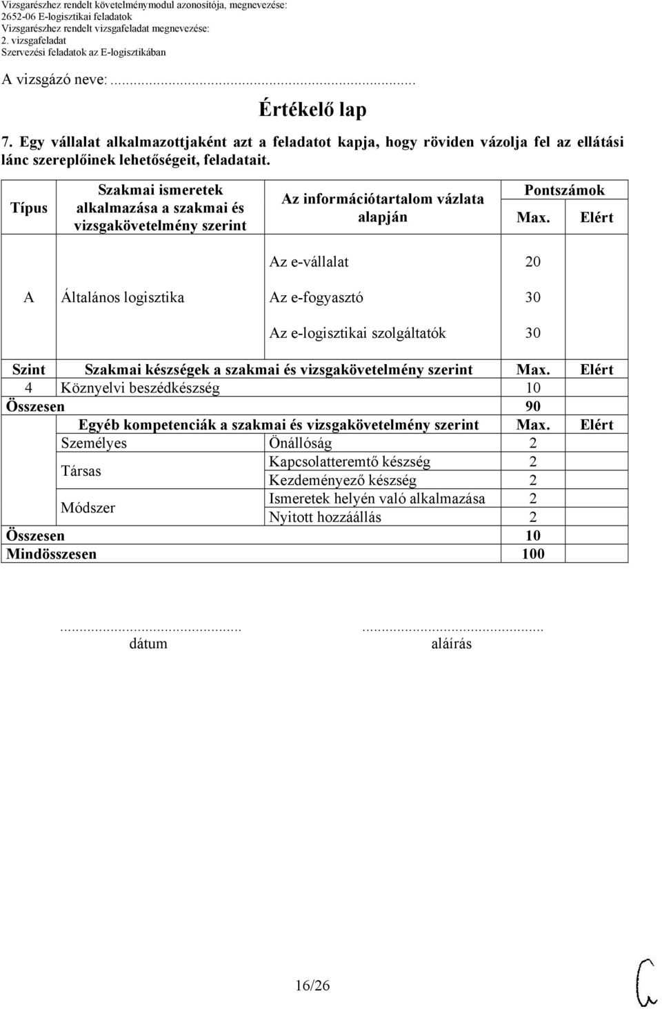 Elért Az e-vállalat A Általános logisztika Az e-fogyasztó 30 Az e-logisztikai szolgáltatók 30 Szint Szakmai készségek a szakmai és vizsgakövetelmény szerint Max.