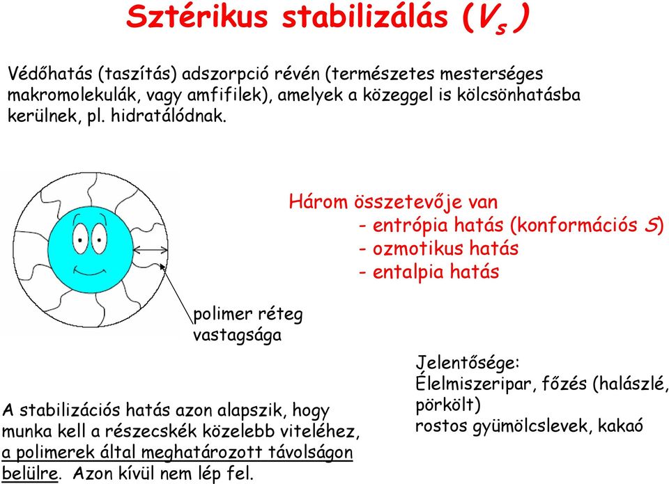 Három összetevıje van - entrópia hatás (konformációs S) - ozmotikus hatás - entalpia hatás polimer réteg vastagsága A stabilizációs hatás